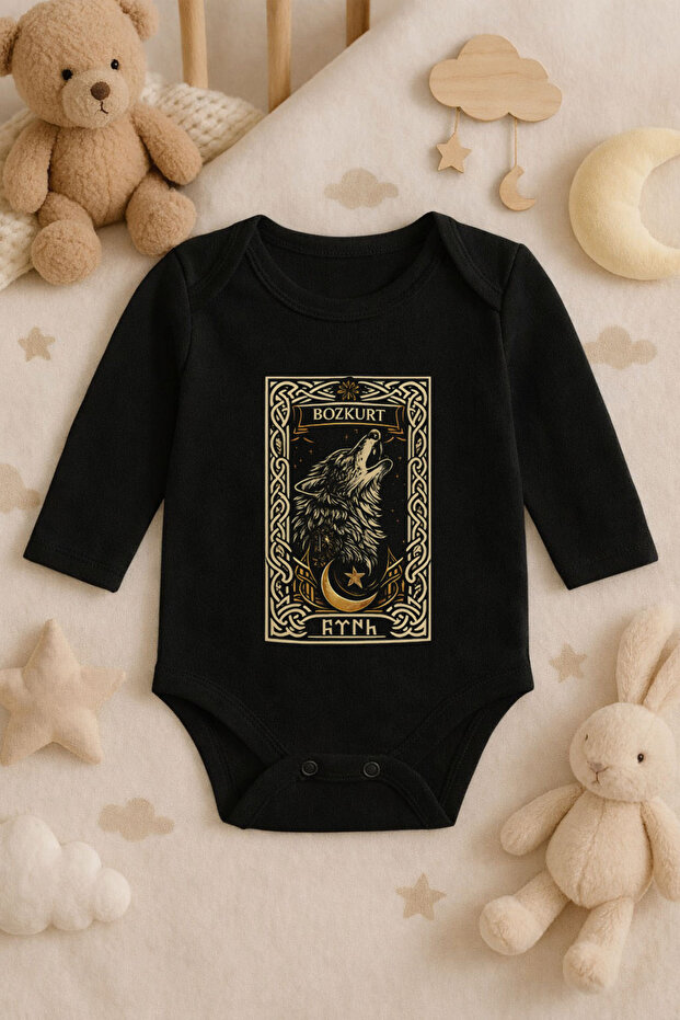 Turkish Bozkurt Göktürkçe Kurt Printed Cotton Long Sleeve Baby Black Bodysuit Undershirt Jumpsuit