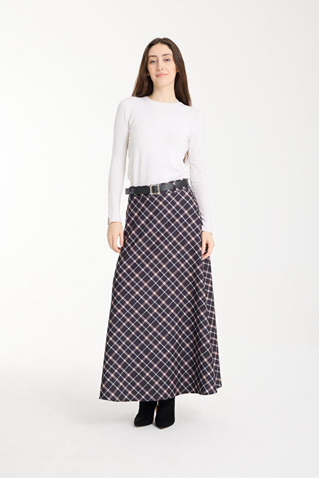 Women's Black Plaid Patterned Belted Flared Skirt