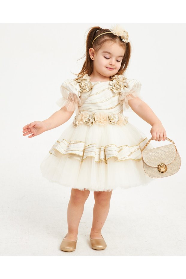 Girl's Evening Dress Ball Gown & Special Occasion Balloon Sleeve Floral Detail with Bag and Crown Gift