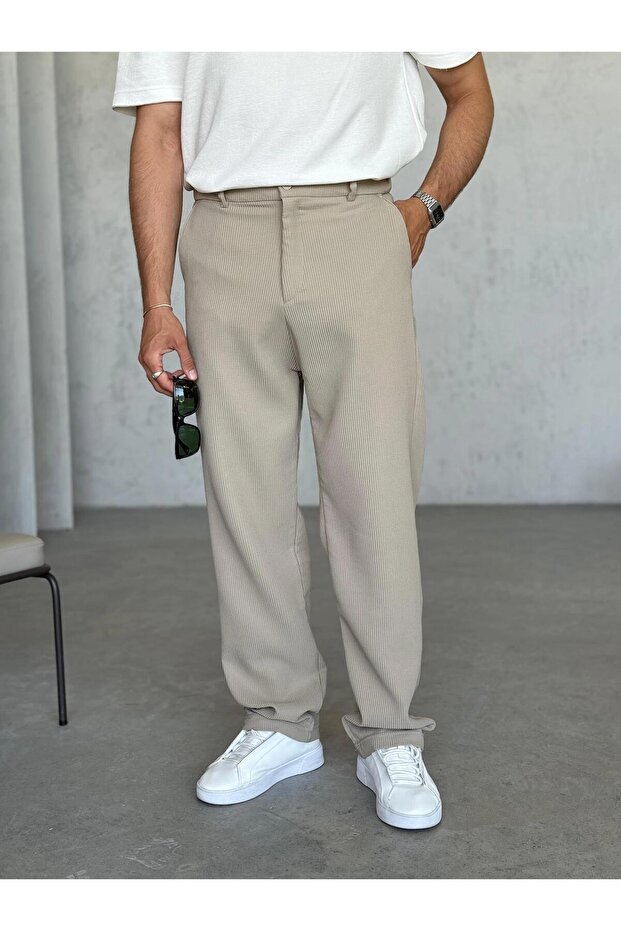 Km50733 Corded Fabric Baggy Fabric Trousers Cream