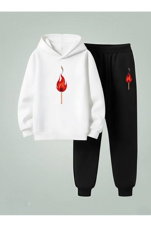 Children's Hooded Sweatshirt - Tracksuit Set Ki̇bri̇t Ba Printed Threaded Ribbed