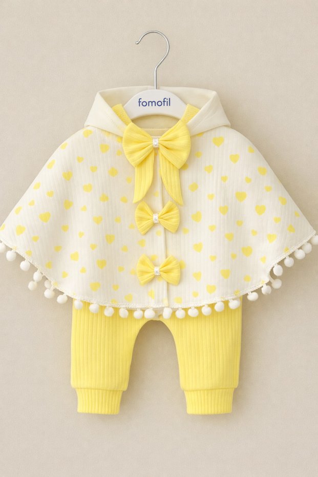 Pompom Detailed Heart Patterned Baby Poncho Set Long Sleeve Badi 0-24 Months Baby Girl Set 100% Cotton