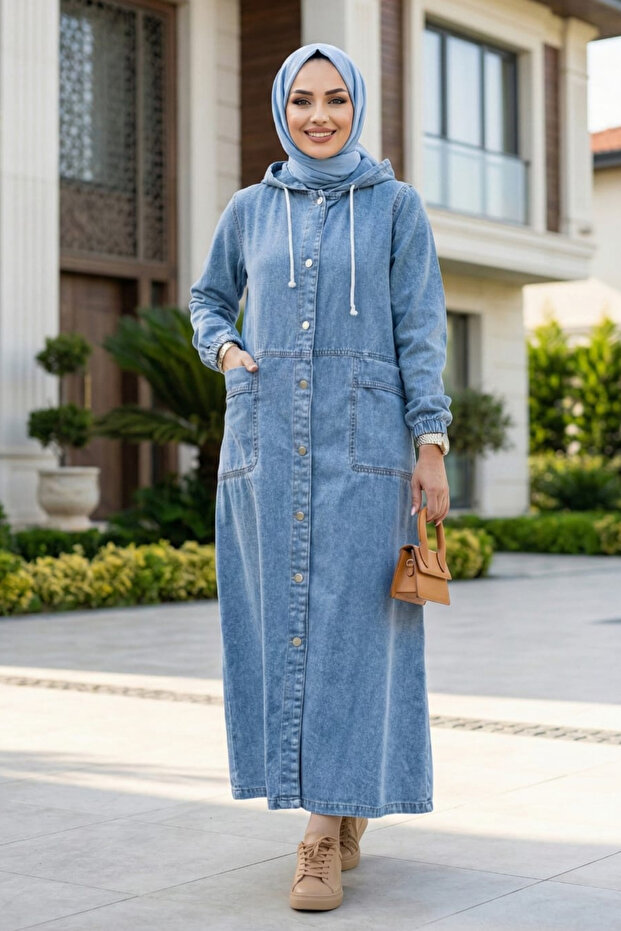 Women's Hooded Button Pocketed Light Denim Blue Cap