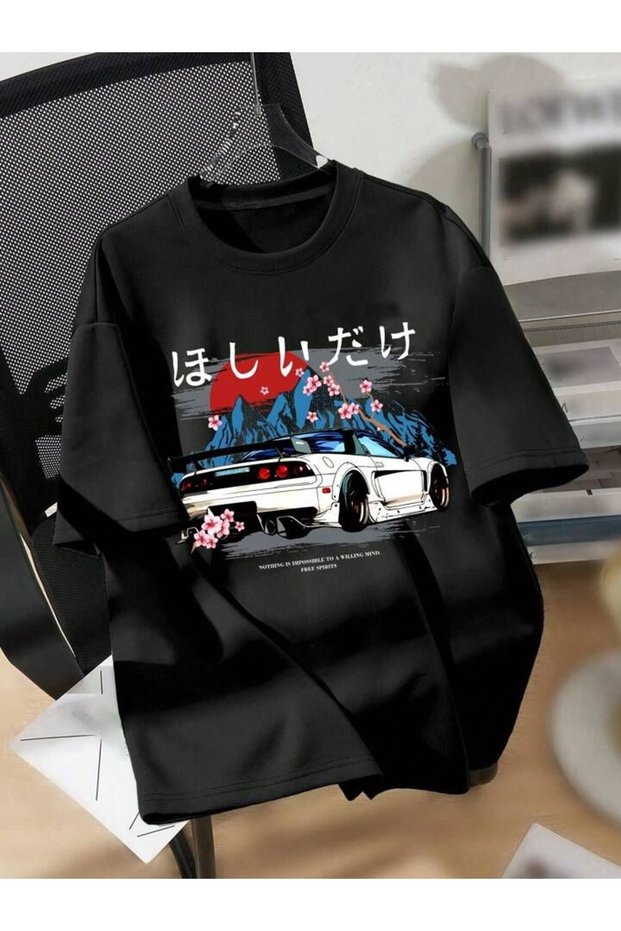 Printed Unisex Oversized T-Shirt with Sakura and Retro Sports Car Design