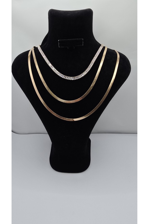 Stainless Steel 3-Piece Italian and Thin Chain Zircon Stone Necklace