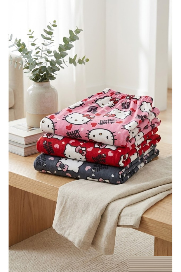 3-Piece Women's Suede Pajama Bottoms Set Pink Red and Smoked Hello Kitty Patterned