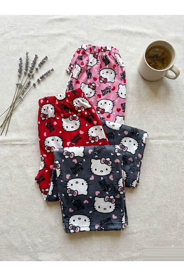 3-Piece Women's Suede Pajama Bottoms Set Pink Red and Dark Gray Hello Kitty Patterned