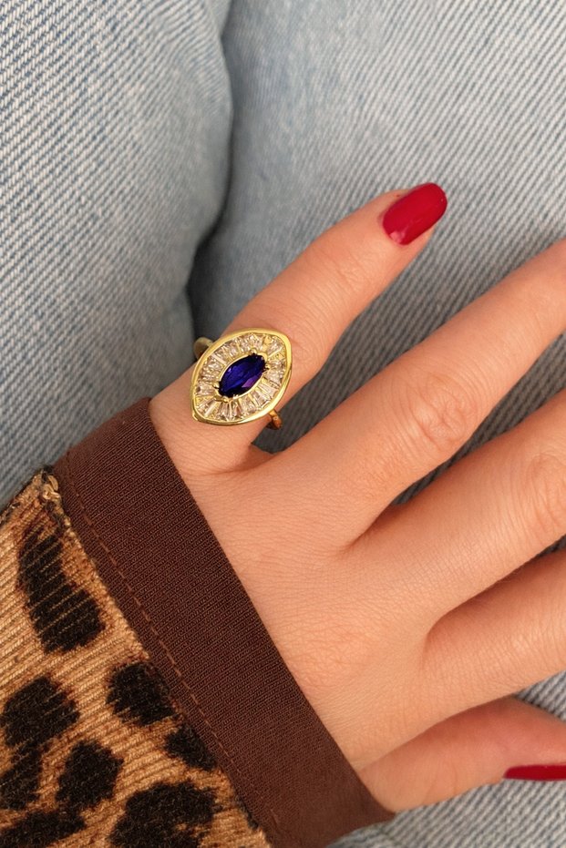Limited Edition - Little Finger Blue Stone Minimal Bottom Adjustable Joint Women's Ring