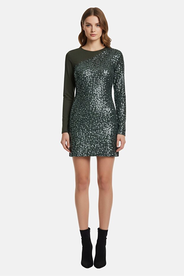 Women Embellished Mini Dress, Olive
