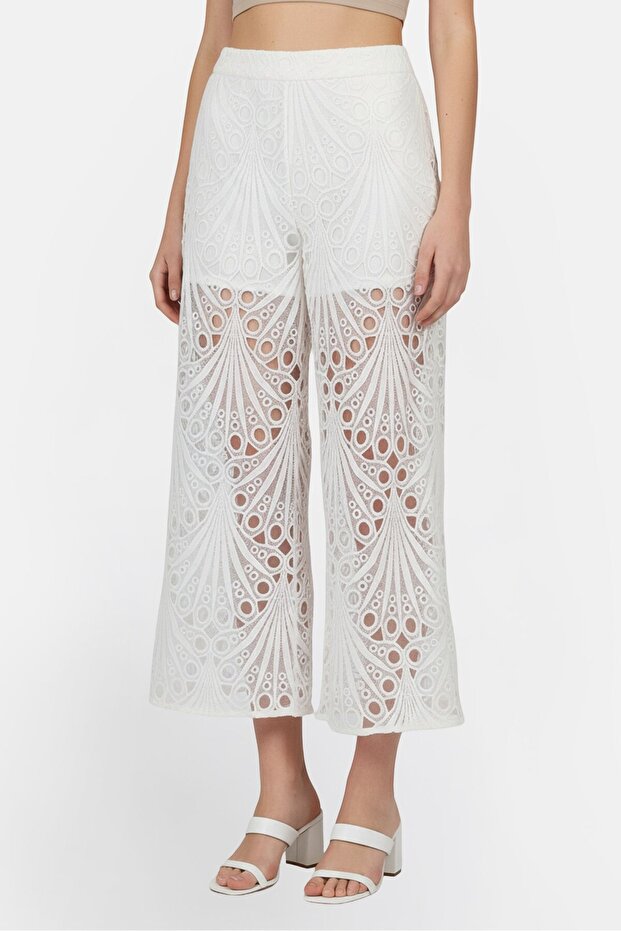 Women Regular Fit Eyelet Wide Leg Pants, White