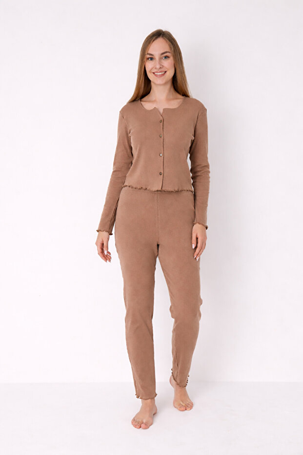 Light Brown Front Buttoned Pajama Set - 1