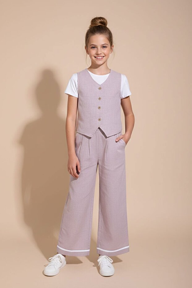 Rose Taupe Buttoned Linen Vest Set Wide-Leg Trousers Girls' Set 23491