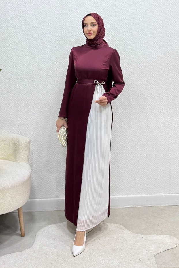 Henna Bow Detailed Crepe Satin Hijab Evening Dress - Burgundy