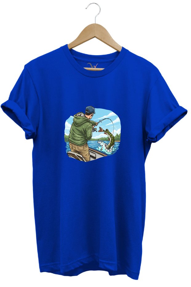 Hunting Fishing Angling on a Boat with a Rod Printed 100% Cotton Regular Fit Crew Neck T-Shirt
