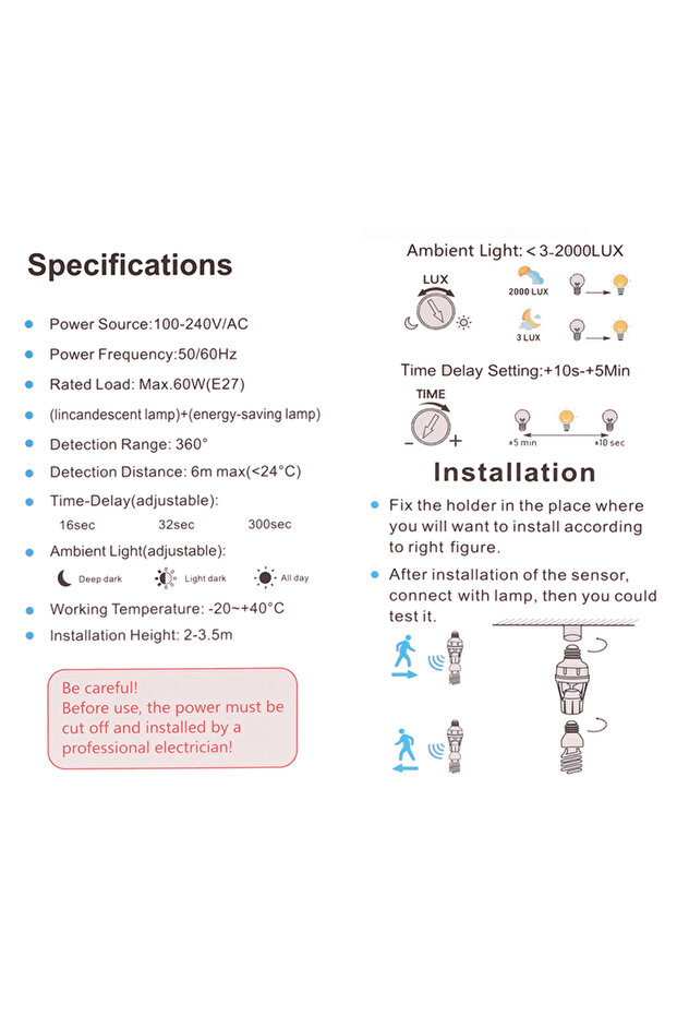 360 Degrees Human Induction Motion Sensor Lamp Socket Base AC85-265V Delay Time Switch E27 Base H... - 5
