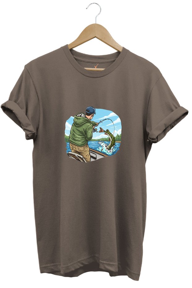 Hunting Fishing Angling on a Boat with a Rod Printed 100% Cotton Regular Fit Crew Neck T-Shirt