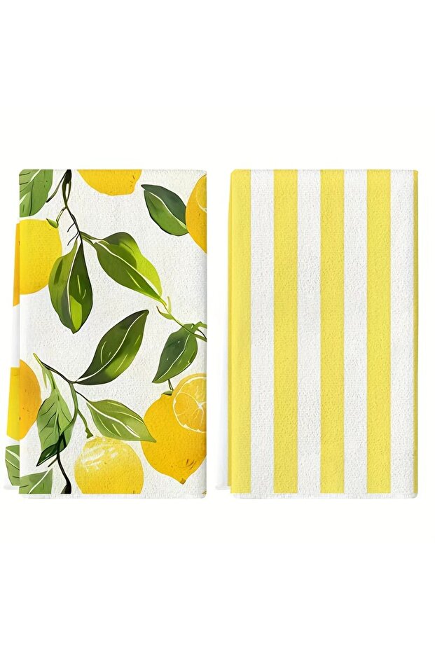 2pcs YELLOW 2Pcs, Lemon and Yellow and White Striped Kitchen Towels, 40Cm*60Cm Towel Set, Super Abso