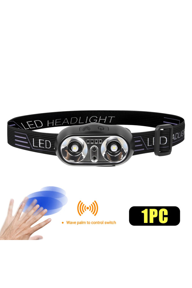 مصباح رأس قوي الإضاءة، محمول، مزود بمستشعر LED، قابل لإعادة الشحن عبر منفذ USB، مصباح يدوي خارجي