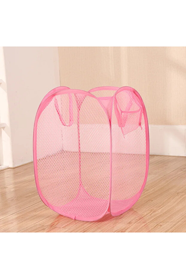 Pink Foldable Color Mesh Clothes Dirty Clothes Basket Household Mesh Dirty Clothes Basket Storage Ba