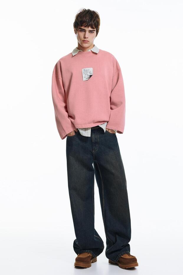 Etiket detaylı pembe sweatshirt - 2