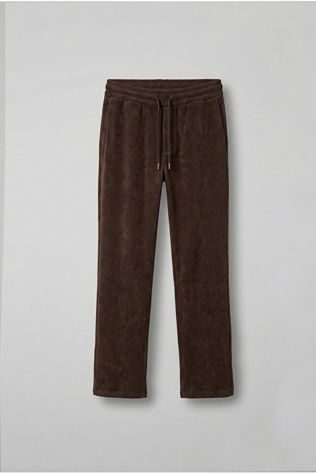 Men's Regular Fit Corded Fabric Elastic Waist Trousers Brown