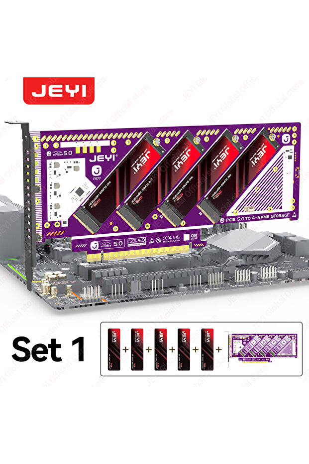 Set 1 PCIe 5.0 X16 Quad M.2 Expansion Card - 4-Bay NVMe RAID 0/1/5/JBOD | 512Gb/s Speed |