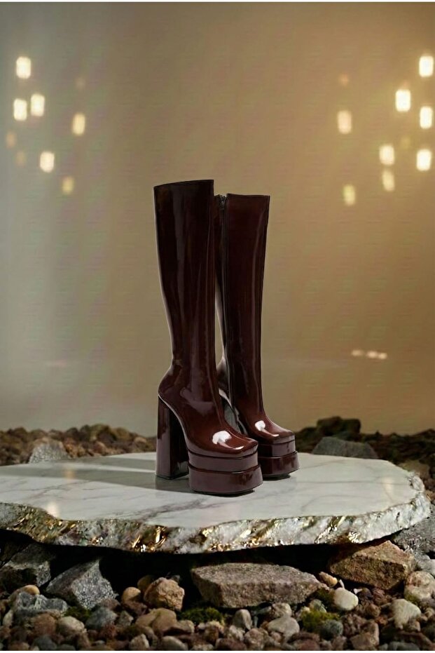 Burgundy Patent Leather Women's Double Platform Thick Heel Boots