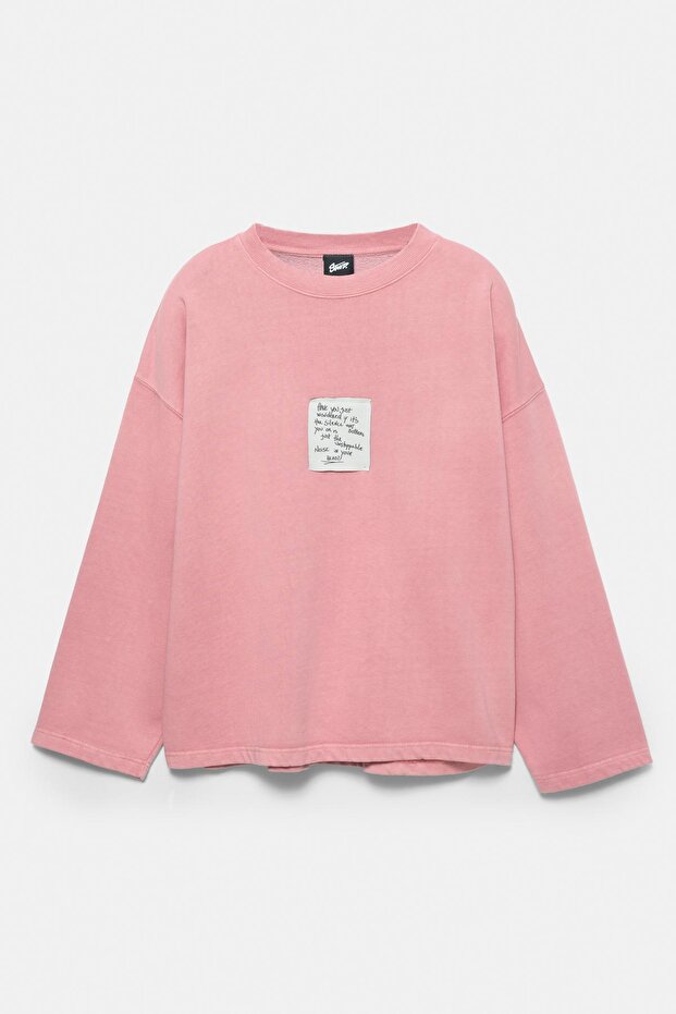 Etiket detaylı pembe sweatshirt - 6