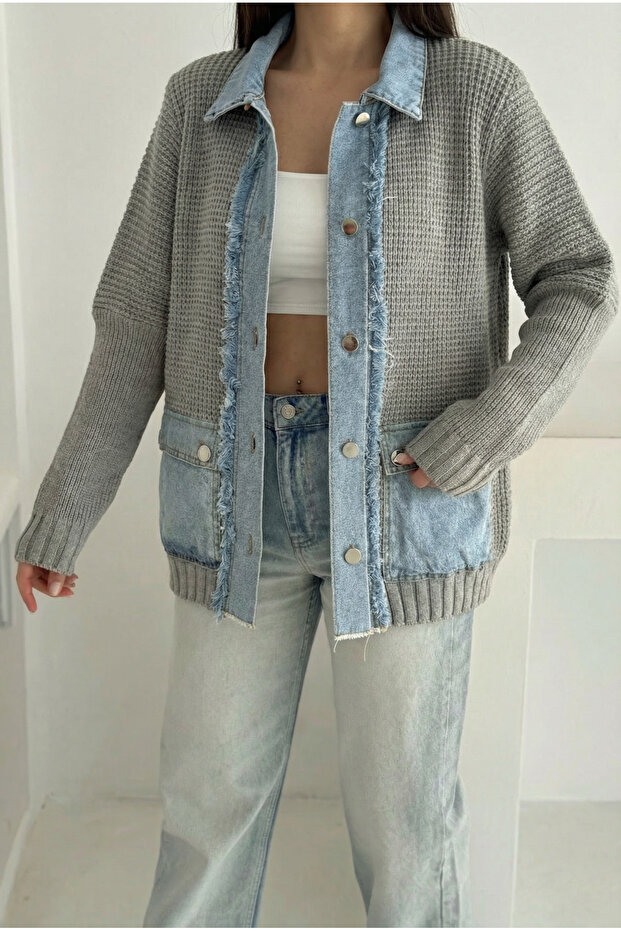 Gray Denim Detail Buttoned Knitted Cardigan