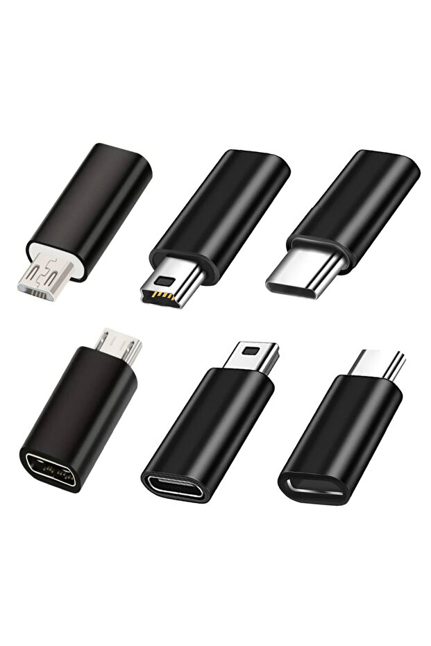 6 محولات USB-C سوداء (6 قطع)، محول USB-C إلى Micro USB، محول USB-C إلى Mini USB، محول Micro USB إلى USB