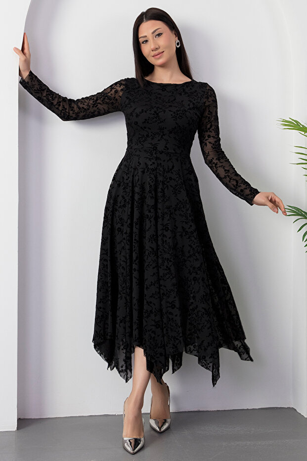 Kayık Yaka Flok Baskılı Elbise DKS1387 - 5