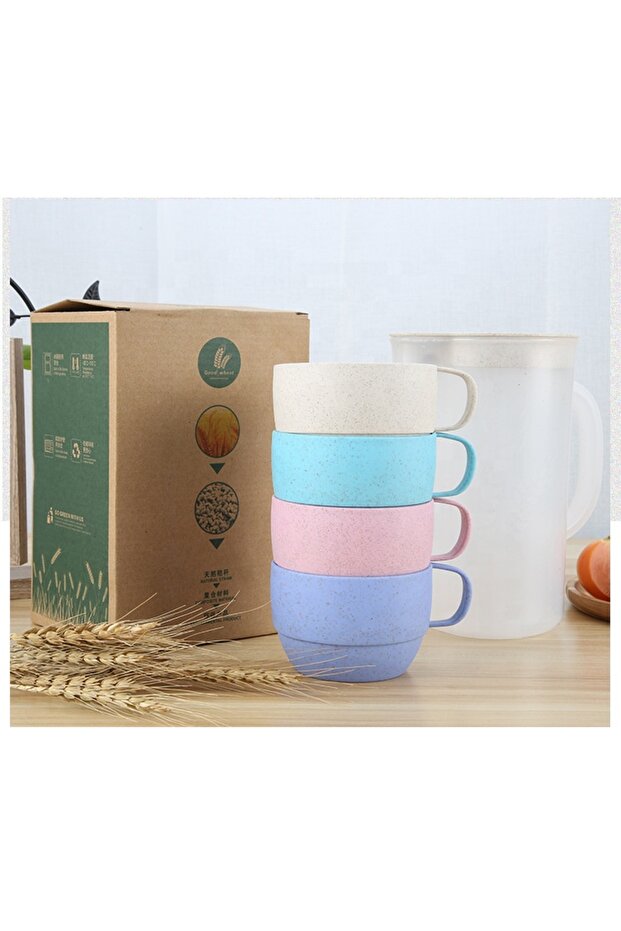 1.8L A Set Reusable Eco Friendly Plastic Biodegradable Wheat Straw Cup Drinking Cup Set Drinking Ket