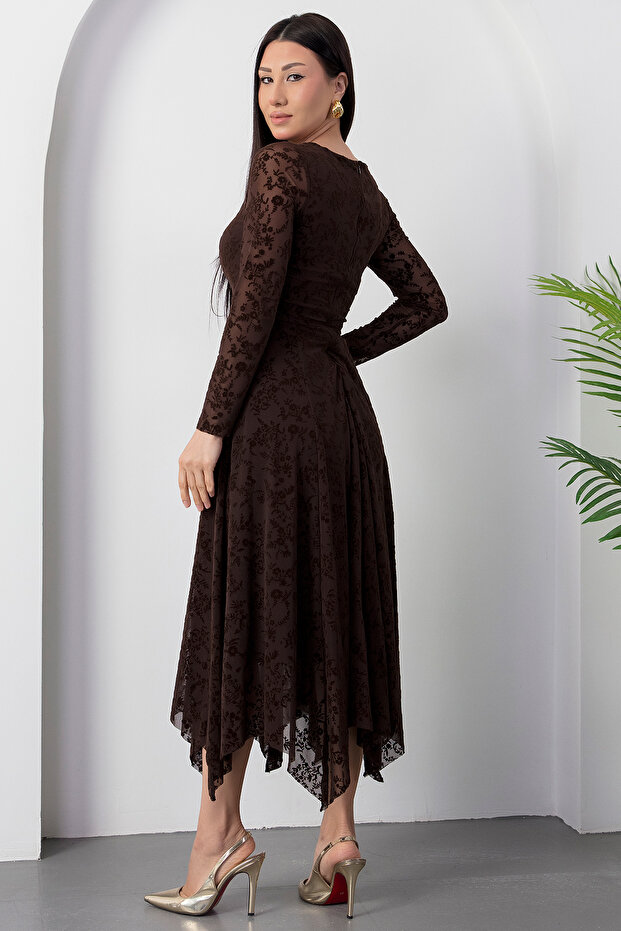 Kayık Yaka Flok Baskılı Elbise DKS1387 - 7