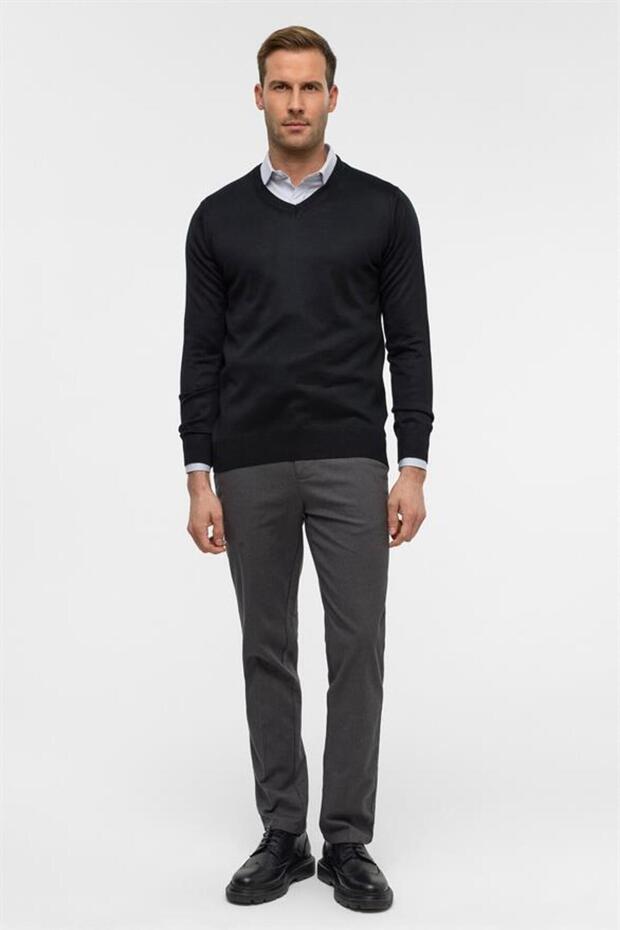 Siyah Regular Düz V Yaka Triko - 6