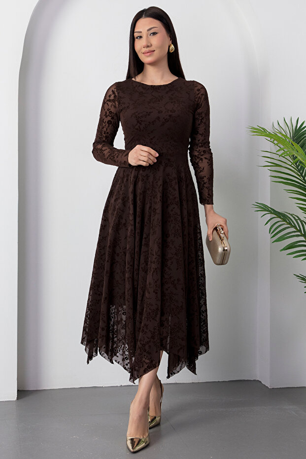 Kayık Yaka Flok Baskılı Elbise DKS1387 - 3