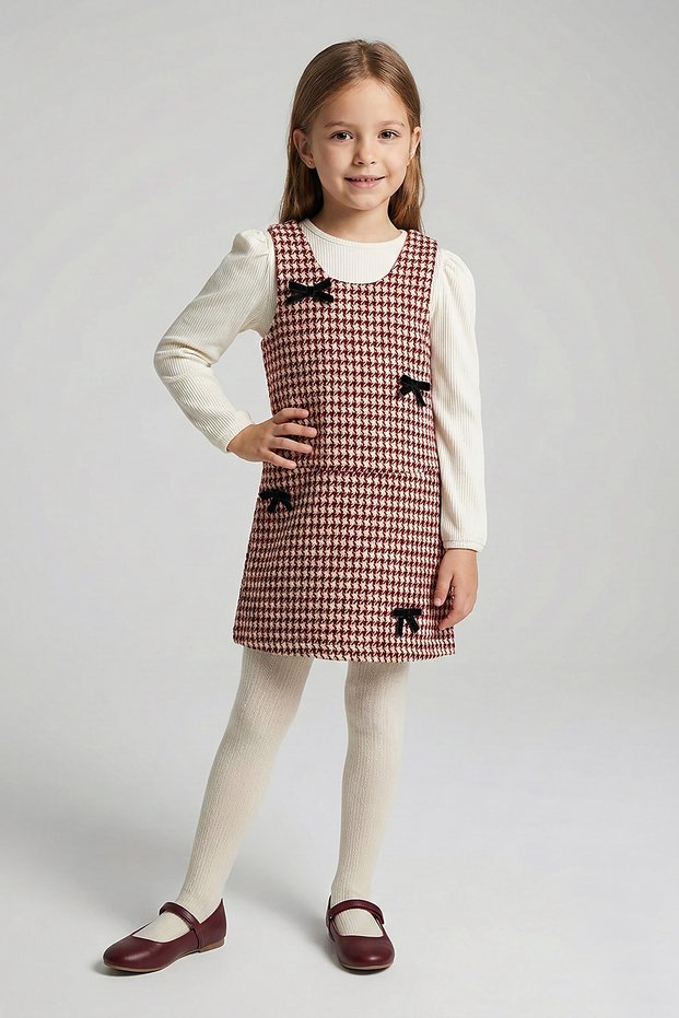 Girls' Bow Detailed Dress - Long Sleeve Bodysuit 2-Piece Set
