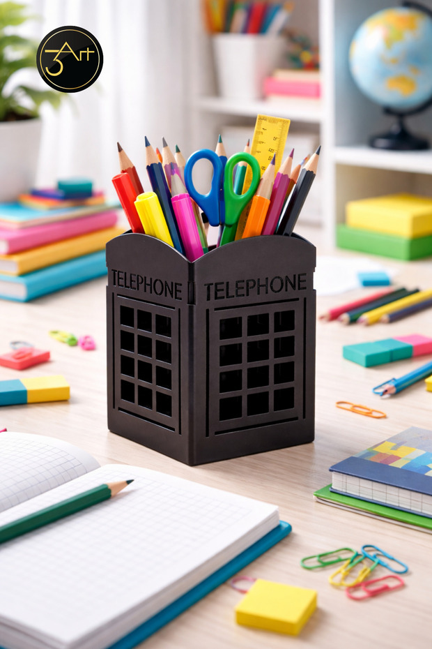 Decorative Telephone Booth Pen Holder - Desktop Organizer - Pen & Makeup Brush Organizer