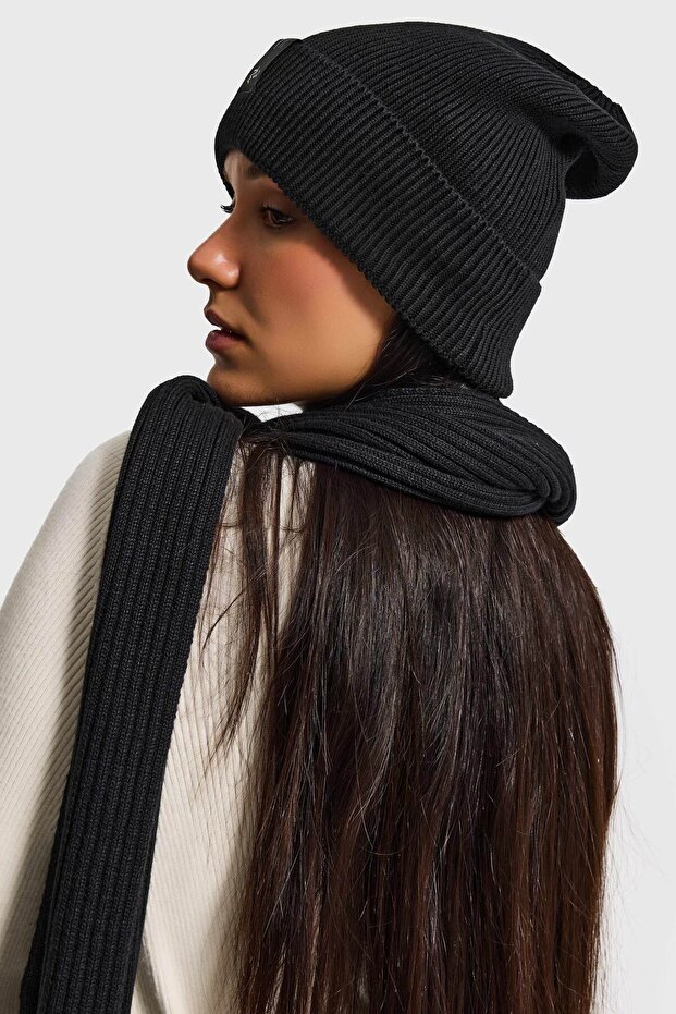 Siyah Fitilli Kumaş Bere Atkı 2'li Takım - 3