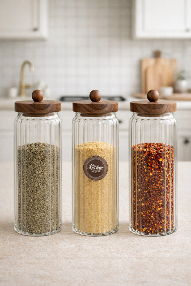 Acacia Gasket Lid Striped 3-Piece Borosilicate 1500ml Jar Set Kw-764