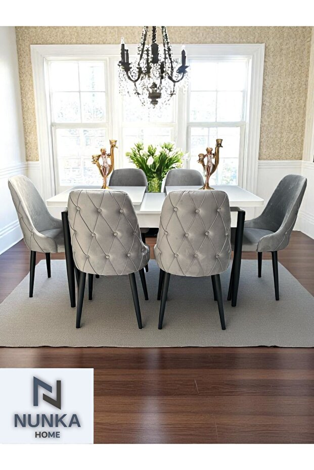 NUNKA HOME Şato Serisi Mutfak ve Salon Yemek Masası Takımı +6 Sandalyeli Gri Modern ve Şık Tasarım