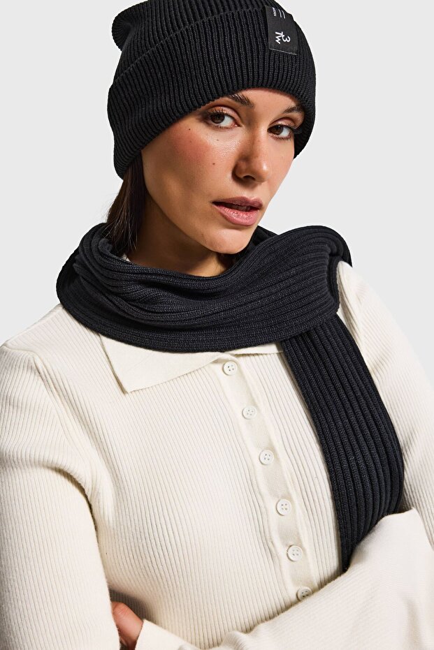 Siyah Fitilli Kumaş Bere Atkı 2'li Takım - 1