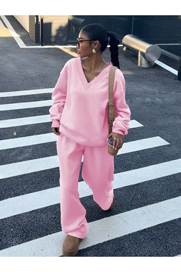 Women's V-Neck Sweatshirt Sweatpants 3 Thread Double Set