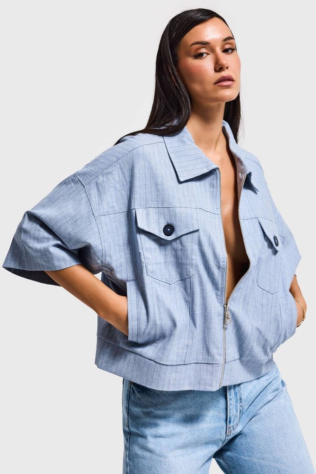 Women's Blue Color Oversized Pocket Detailed Special Design Denim Jacket
