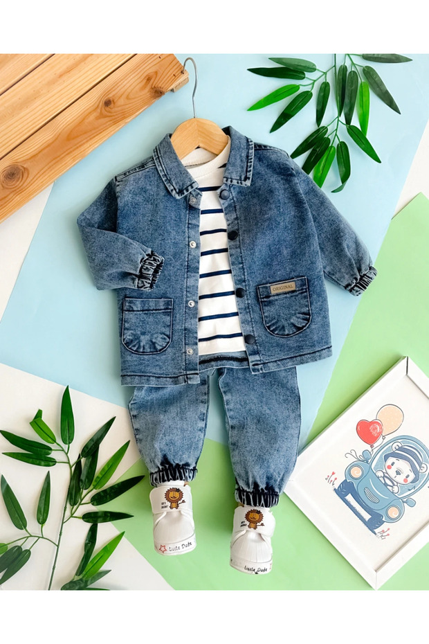 Snap Detail Denim Jacket with Striped Sweatshirt Transitional 3-Piece Set