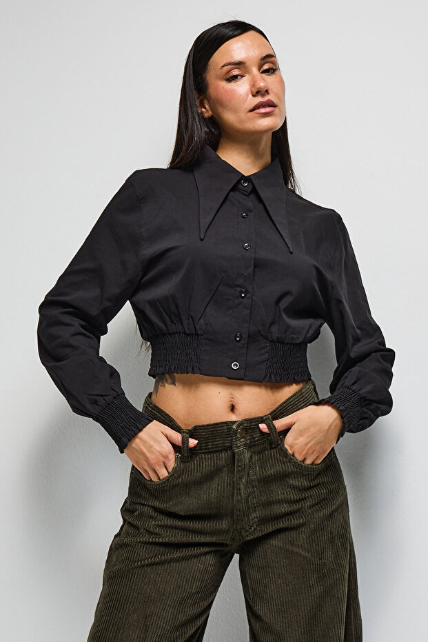 Women's Black Color Crop Fit Collar Detailed Special Design Shirt