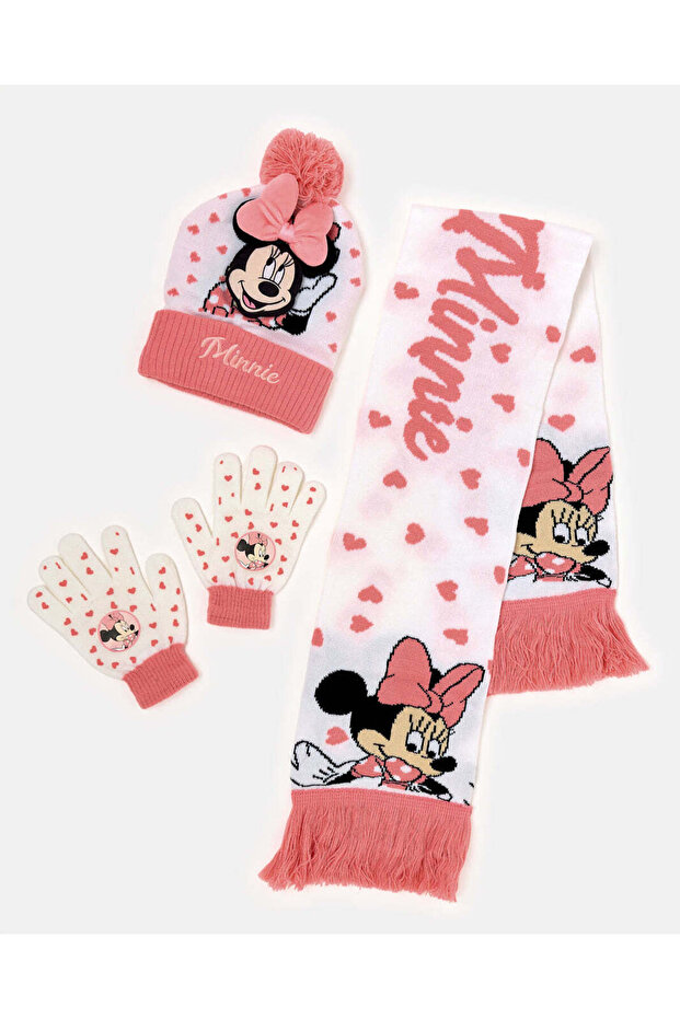 Girls Pink Minnie Mouse Print Scarf Set (3 Piece)