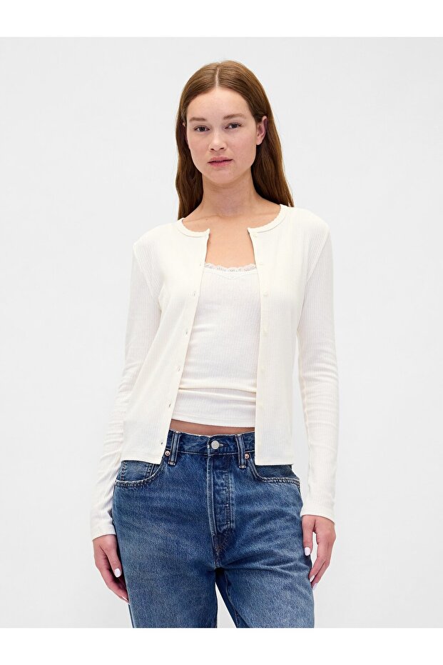 Kadın Beyaz Pointelle Hırka - 1