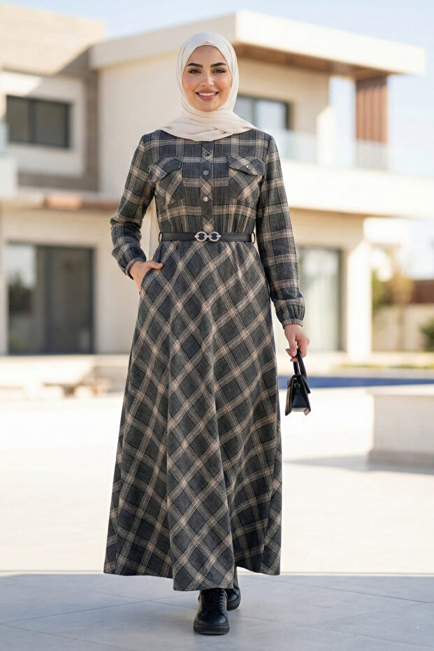 Women's Buttoned Belted Khaki Plaid Fabric Dress