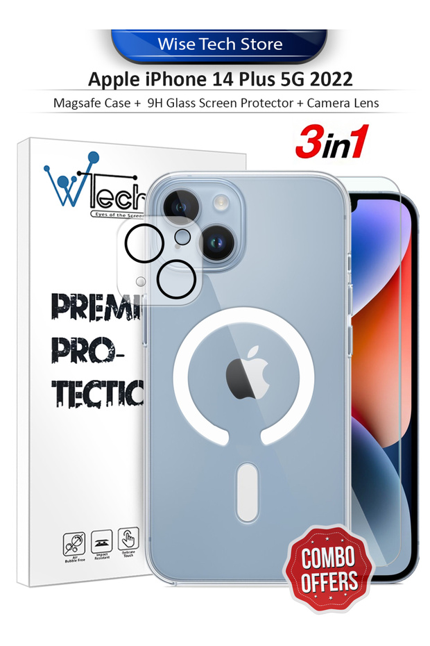 Apple iPhone 14 Plus -3 in 1 Magsafe Case Cover Screen Protector Camera Lens 9H Tempered Glass Clear