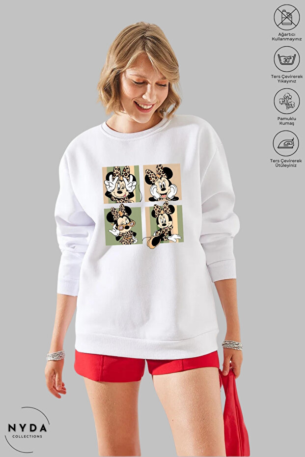 Women's Long Sleeve Minnie Mouse Printed Crew Neck Hoodless Fleece-Lined Oversized Sweatshirt